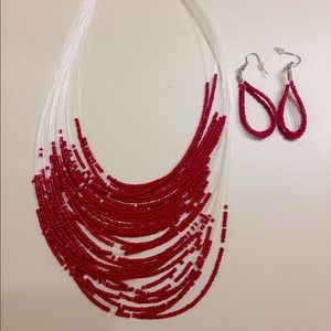 Red beaded necklace and earrings set